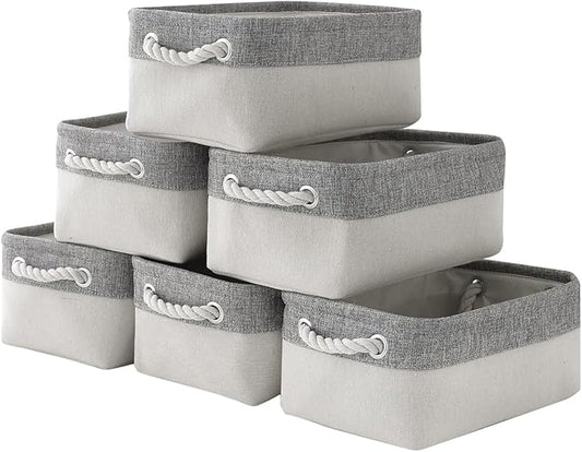 Basket for Organizing Cube Stgorage Bin - Small 6 Pack Fabric Storage Cubes Collapsible Baskets for Shelves with Rope, Bins for Organization Closet Cloth Toy Laundry Canvas (Grey&White 12x8x5.2 inch)-NeatNest