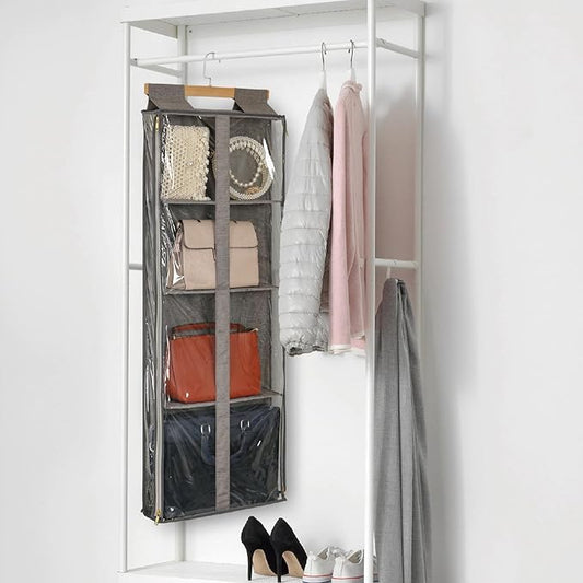 Clear Hanging Handbag Storage Organizer with Zippers, Door Purse Organizer Space Saving 4 Pockets for Closet Bedroom Living Room (Brown)-NeatNest