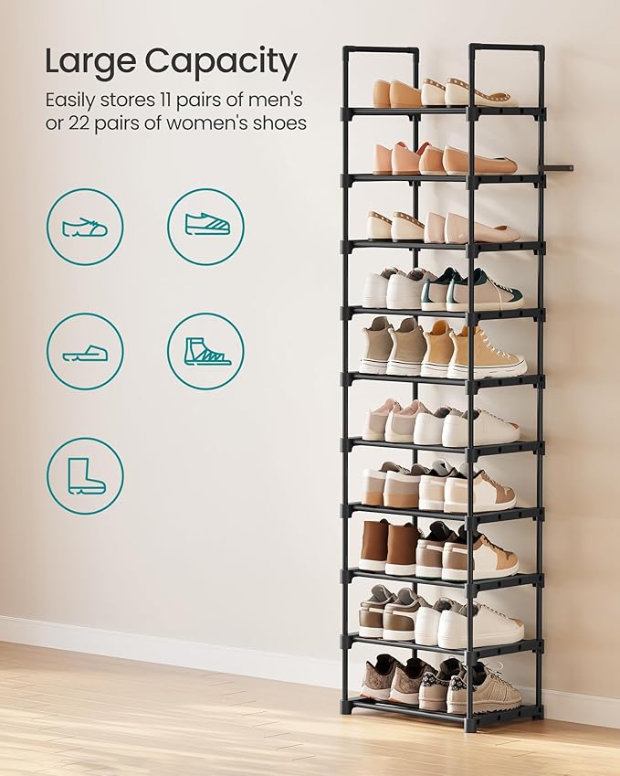 SONGMICS Shoe Rack, 10-Tier Shoe Organizer, Metal Storage Shelf, Upright or Upside Down, for 11-22 Pairs, for Entryway, 11.8 x 17.7 x 68.5 Inches, Black ULSA25BK-NeatNest
