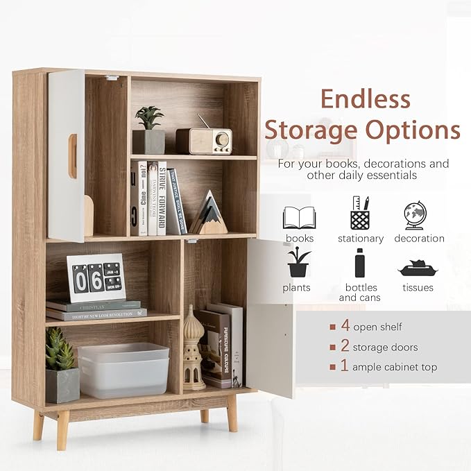 Giantex Storage Cabinet with Legs, Floor Cabinet with Doors, Shelves, Anti-Tipping Device, 4-Tier Bookshelf for Books & Photos, Tall Cupboard in Living Room, Kitchen Buffet Sideboard (White)