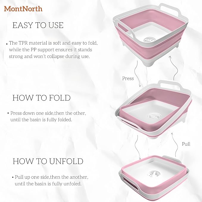 Collapsible Wash Basin 9L, Foldable Dish Tub with Drain Plug, Portable Collapsible Dish Basin, Camping Sink for Washing Dishes, Laundry & Kitchen Use (Pink)-NeatNest