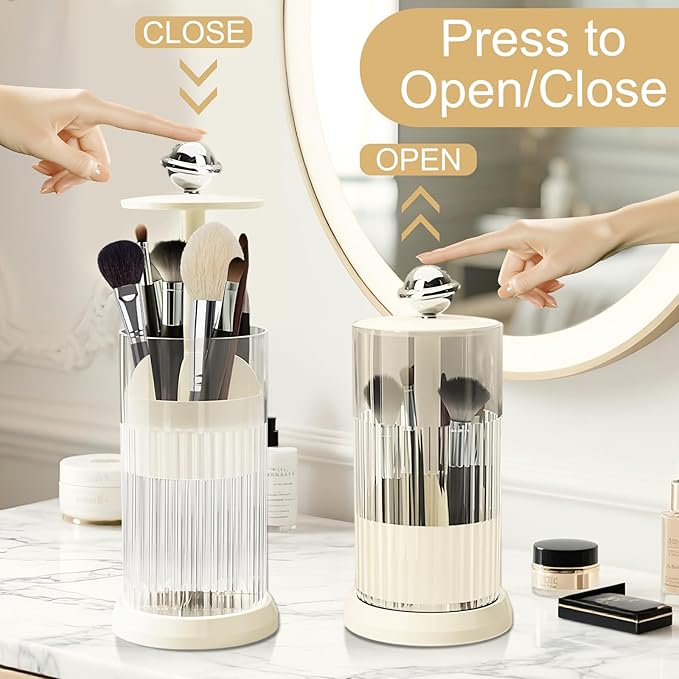 Makeup Brush Holder with Lid,One Touch Open 4 Slot Makeup Brush Case with Waterproof Dustproof, 360 Rotating Makeup Organizer for Vanity Desktop Counterto Bathroom (White)-NeatNest
