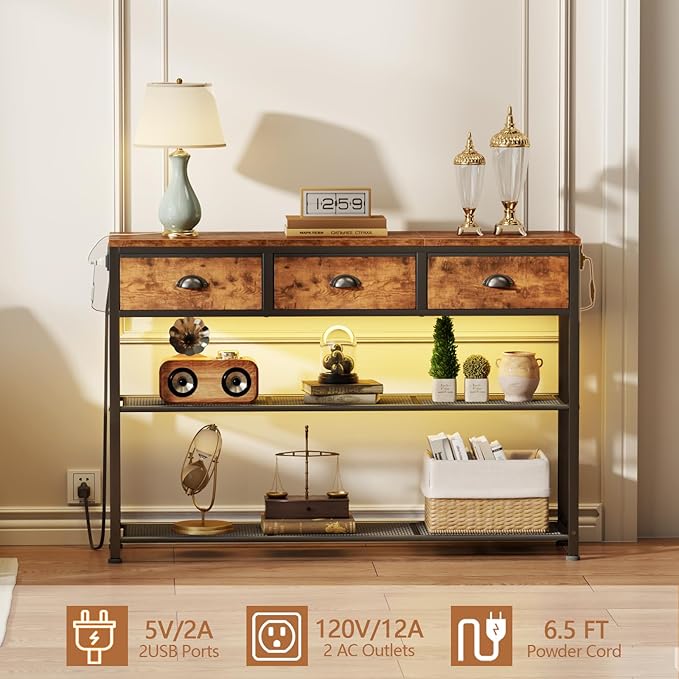 Furologee Console Table with Charging Station & 3 Fabric Drawers, 38'' Entryway Table with Storage Shelves and LED Light for Entry Way, Industrial Display Shelf for Hallway, Foyer, Rustic Brown-NeatNest