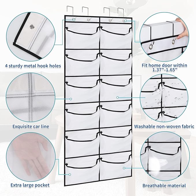 2 Packs Over the Door Shoe Organizer, 24 Extra Large Mesh Pockets Hanging Shoe Boots Rack Holder, Closet Hanging Organizers for Storage Sneakers High Heeled Shoes Slippers (White)-NeatNest