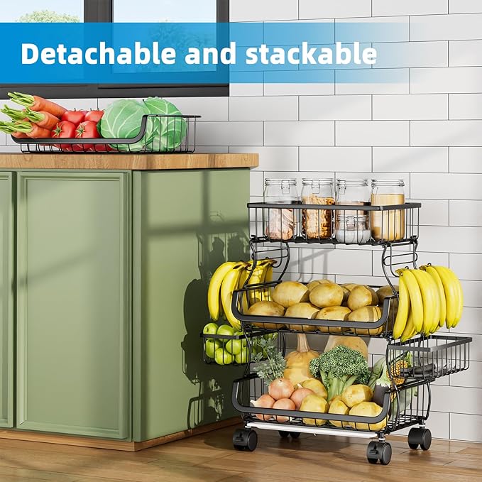 Simple Trending 4 Tier Rolling Cart, Stackable Fruit Vegetable Basket with Wheels and 2 Hanging Basket, Kitchen Storage Metal Wire Basket Stand for Vegetable Snacks, Black