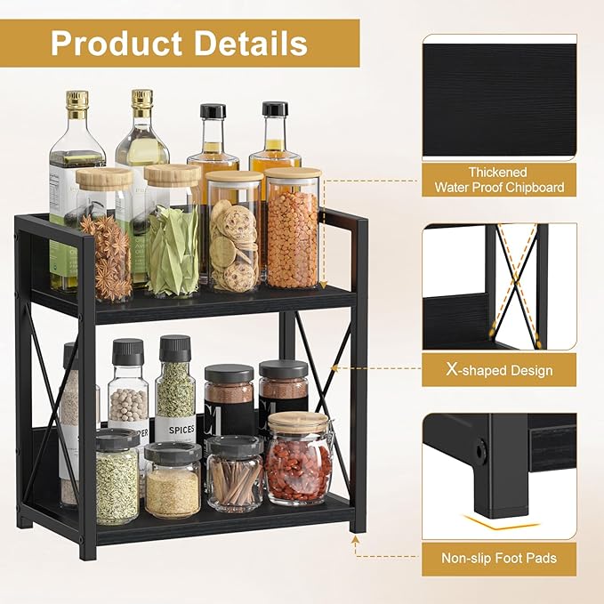 Giikin Countertop Organizer, 2 Tier Coffee Station Organizer for Desktop, Wood Counter Shelf Spice Rack for Kitchen (Black, M)-NeatNest