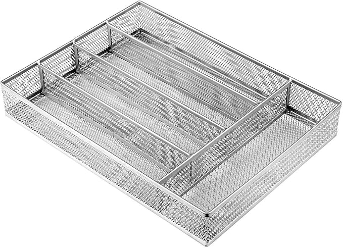 JANE EYRE Drawer Organizer, Cutlery Tray Silverware Flatware Storage Divider for Kitchen, Mesh Wire with Non-slip Foam Feet, 5 Component, Silver-NeatNest