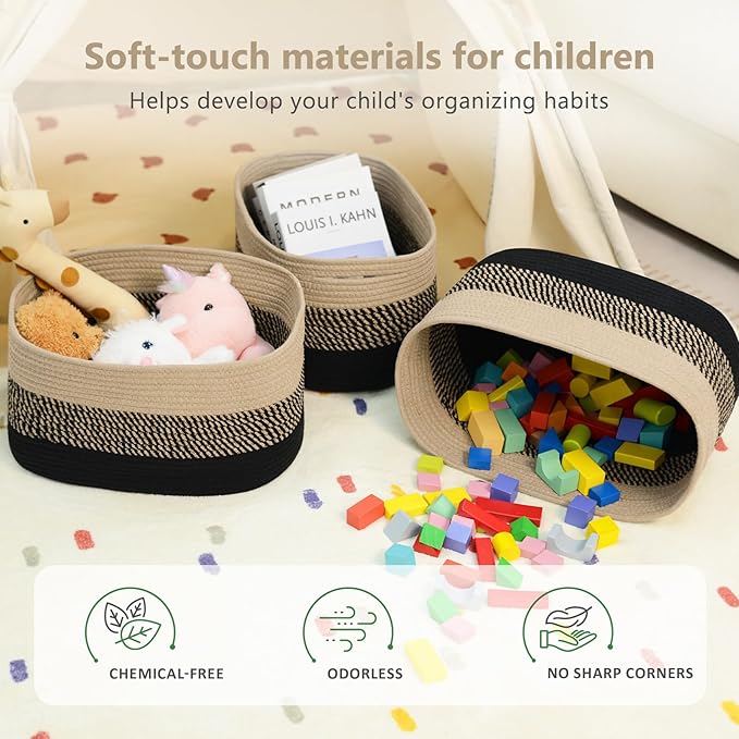 Cotton Rope Storage Basket, 15x10x9 Inches, Woven Basket for Shelves, Clothes, Toys, Towels, Books, and Laundry, Durable and Stylish, Gradient Black/Brown (3 Pack)-NeatNest