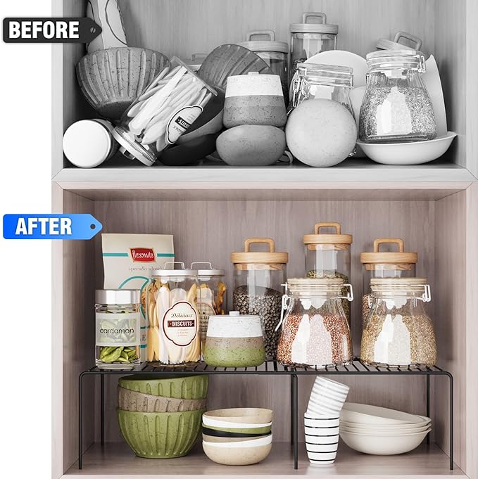 Expandable Storage Shelf, Pantry Organizers and Storage, Adjustable Rustproof Metal Wire Spice Rack, Space Saver Kitchen Storage Shelves for Pan, Pot, Countertop, Drawer, Fridge, Set of 4, Black-NeatNest