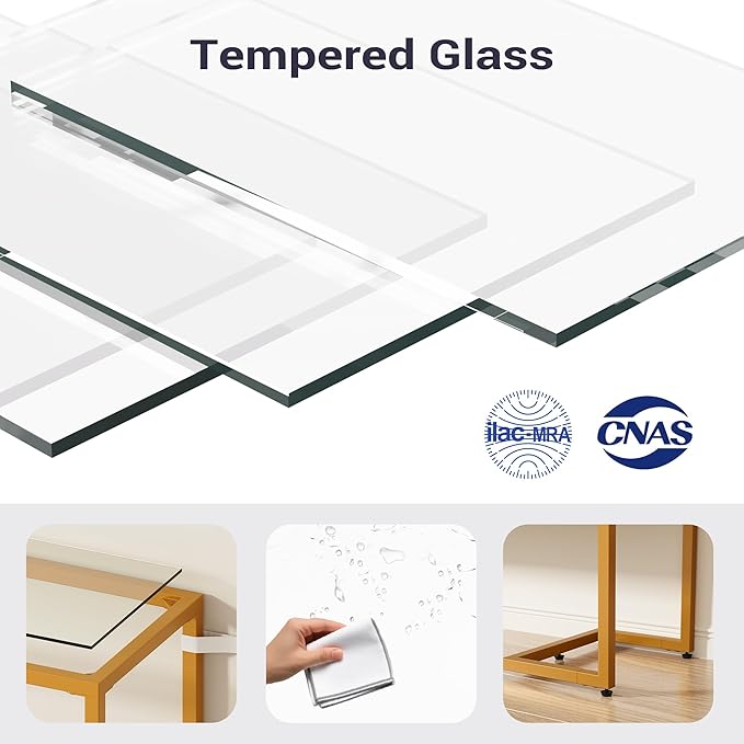 Console Sofa Table, 52" Modern Entryway Table, 2-Tier Open Shelf with Tempered Glass, Metal Frame Behind Couch Table with Gold Metal Frame for Living Room Hallway Entrance, White-NeatNest