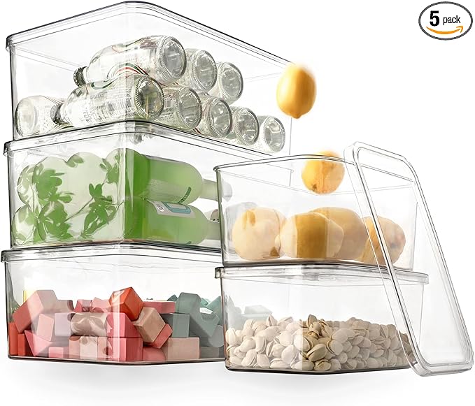 Clear Storage Bins With Lids,5 Packs Food Storage Organizer,Cabinet Storage Basket for Clothing, Towels, Cosmetics, Kitchen Storage Containers,Transparent Pantry Containers (3L+2S)-NeatNest
