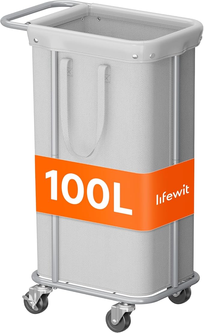 Lifewit 100L Large Laundry Basket with Wheels, Tall 1 Section Laundry Hamper Organizer, Rolling Laundry Cart with Steel Frame & Removable Bag for Luandry Room Bathroom Bedroom, Silver Gray