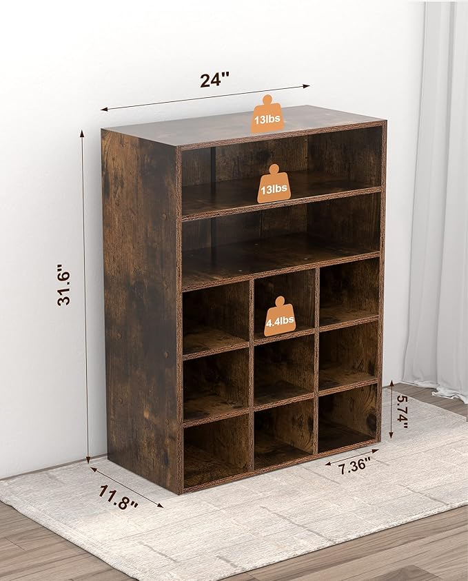 HAIOOU Shoe Cubby, 9-Cube Stackable Wood Shoe Rack Organizer 5-Tier Freestanding Wooden Shoe Stand with 2 Storage Shelf for 10-15 Pairs, Ideal for Apartment Entryway Closet Organization - Rustic-NeatNest