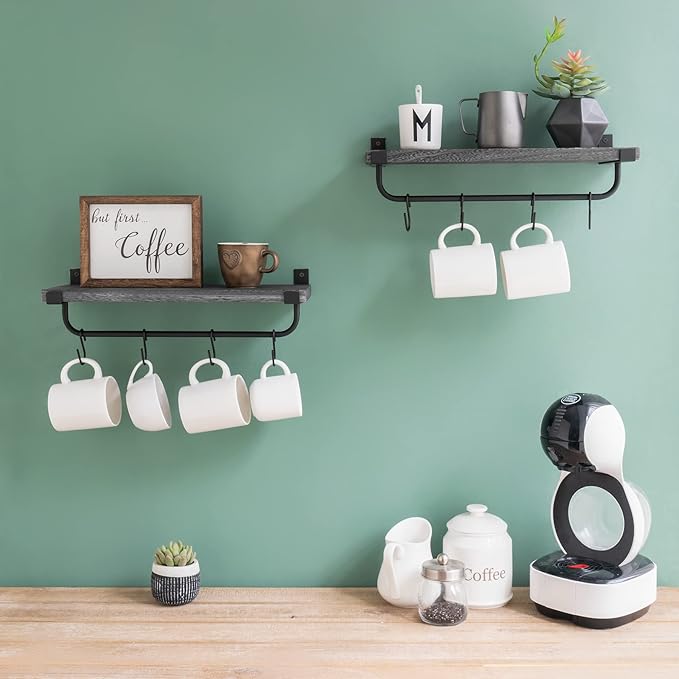Mkono Mug Holder Wall Mounted Coffee Mug Rack Set of 2 Rustic Floating Shelf for Coffee Bar Accessories Wood Tea Cup Hooks Hanger for Organizing Cooking Utensils, Home Kitchen Decor, Grey