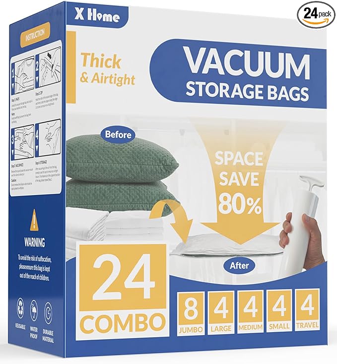 24 Pack Vacuum Storage Bags, Space Saver Vacuum Seal Bags for Clothing, Bedding, Blankets, Comforters,Travel Luggage, Vacuum Compression Bags with Hand Pump (8 Jumbo+4L+4M+4S+4 Roll-up Bags)-NeatNest