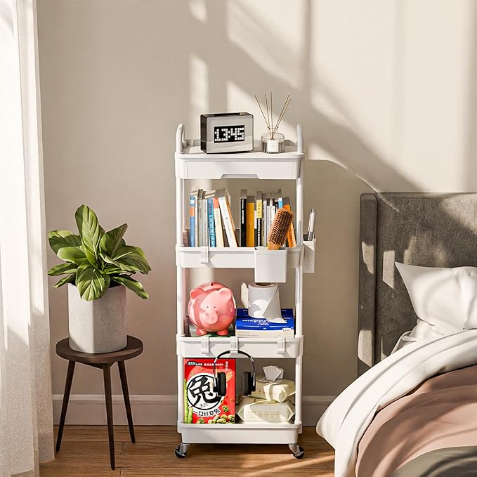 4 Tier Rolling Cart Organizer,Art Craft Diaper Bedside Snack Laundry Room Bathroom Organizer Narrow Thin Slim Rolling Trolley Utility Cart with Wheels for Kitchen,Office(White)-NeatNest