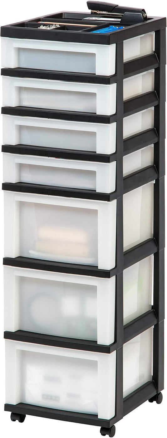 IRIS USA Plastic Drawer Storage Organizer Rolling Cart, with Wheels Casters, 7-Drawers, for Classroom Art Craft Supplies Dresser Closet Bathroom Laundry Room, Black/Pearl
