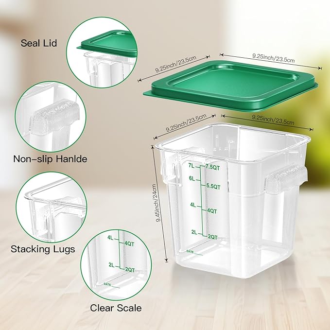 4 pcs 8qt Food Storage Containers with Lid, Square Clear Commercial Storage Containers with Handle and Scale for Food Storage in Home Kitchen & Dining (Green)