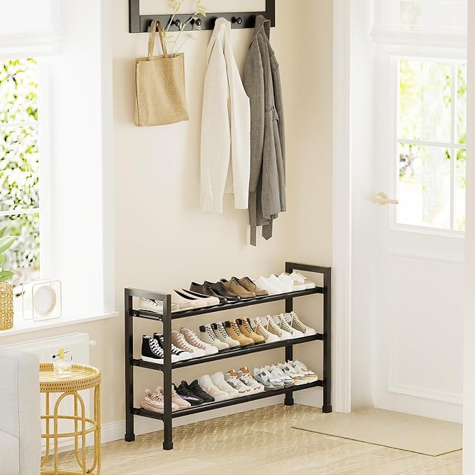 Mavivegue 3 Tier Expandable Shoe Rack for Closet, 19“- 43” Adjustable Shoe Rack for Entryway, Shoe Shelf, Black-NeatNest