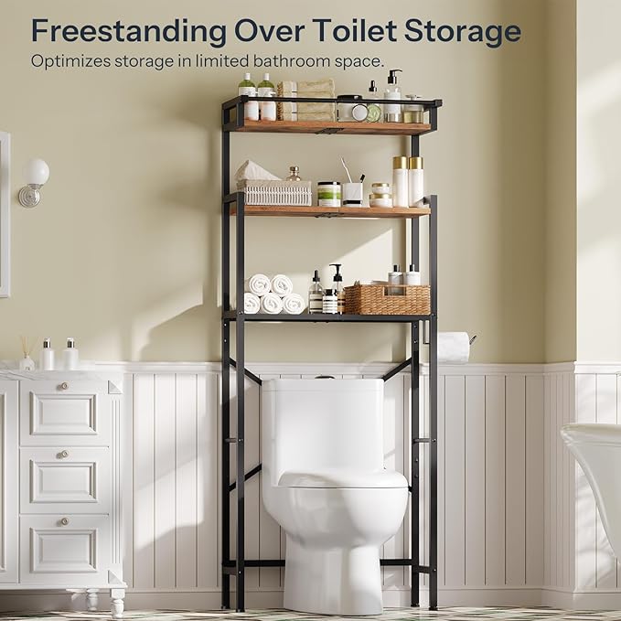 HOOBRO Over-The-Toilet Storage Rack, 3-Tier Bathroom Shelves Above Toilet, Bathroom Organizer with Toilet Paper Hook, Laundry Room, Space Saver, Rustic Brown and Black BF21TS01