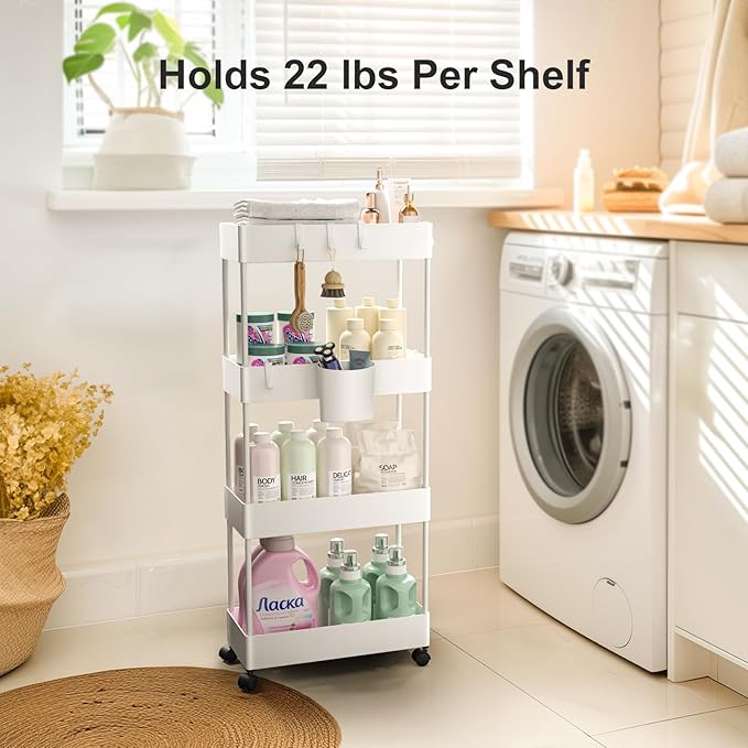 Pipishell Slim Storage Cart with Wheels, 4 Tier Bathroom Storage Organizer Rolling Utility Cart for Bathroom Kitchen Laundry Room Office Narrow Place (White)-NeatNest
