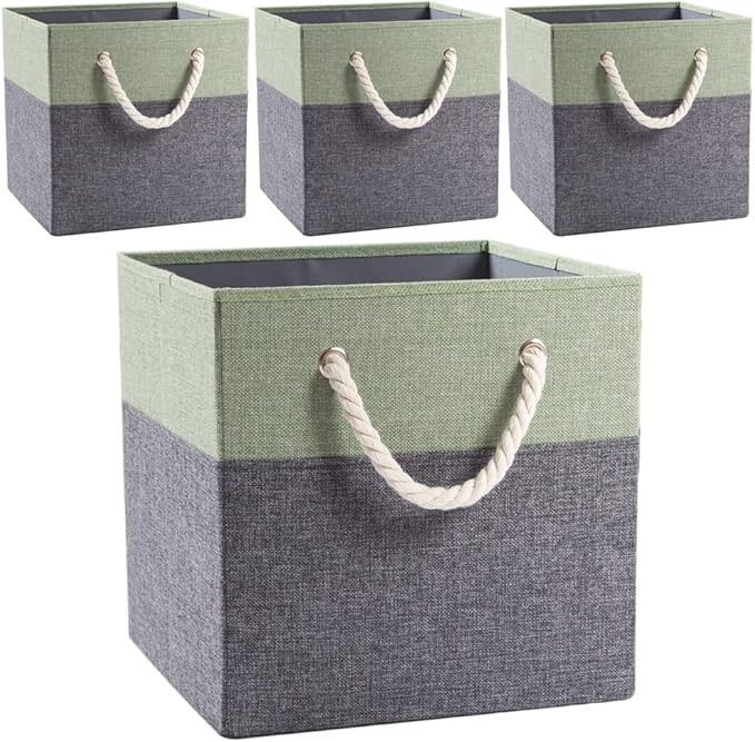 PRANDOM Large Foldable Cube Storage Bins 11x11 inch [4-Pack] Fabric Linen Storage Baskets Cubes Drawer with Cotton Handles Organizer for Shelves Nursery Closet Bedroom Green-NeatNest