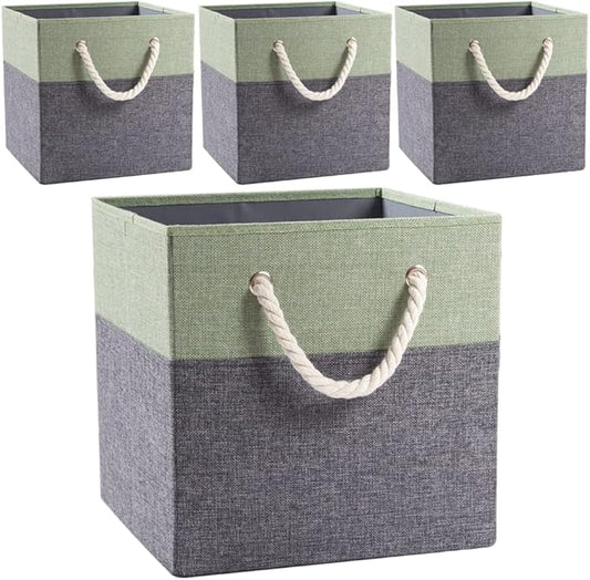PRANDOM Large Foldable Cube Storage Bins 11x11 inch [4-Pack] Fabric Linen Storage Baskets Cubes Drawer with Cotton Handles Organizer for Shelves Nursery Closet Bedroom Green-NeatNest