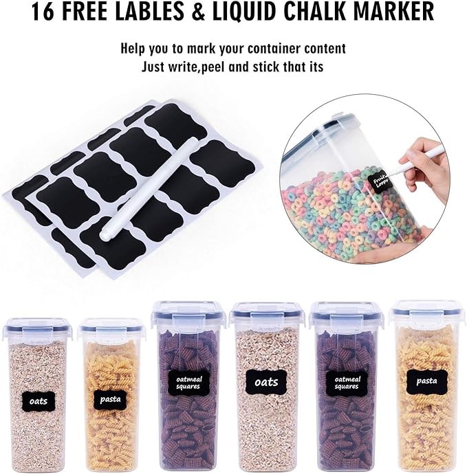 Cereal Containers Storage Set - 6 Piece Airtight Large Dry Cereal Storage Containers(135.2oz), BPA Free Dispenser Plastic Cereal Storage Containers with 16 Labels & Pen-NeatNest