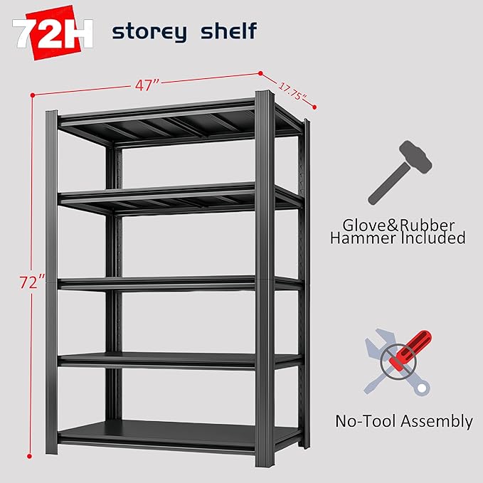 5-Tier 47" W x 17.75" D x 72" H Garage Shelving 3000LBS Storage Shelves Heavy Duty Metal Shelf Unit Adjustable Basement Industrial Storage Racks-NeatNest