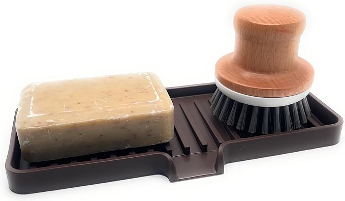 Happitasa Silicone Soap Dish Tray and Sponge Holder with Drain Chute | Bathroom and Kitchen Sink Organizer Caddy (Dark Chocolate, 9"x3.5", 5.6 Ounces)-NeatNest