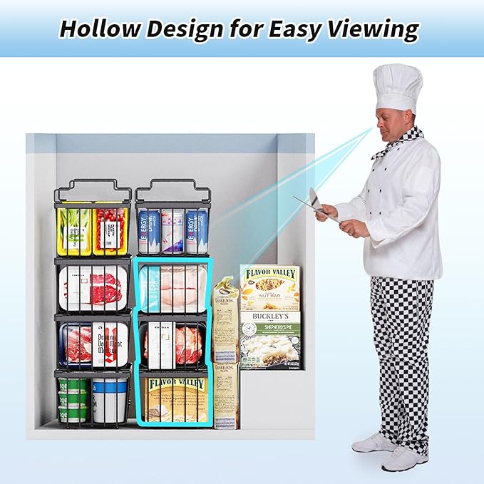 4 Pack Freezer Organizer Bins(14.6‘’L X 7.1‘’W X 5.2‘’H) for 7 Cu.FT Deep Ches Freezer Sort Frozen Meats | Stackablet Deep Freezer Organizer Bins Get Food Easily w/Handle(Black), Gifts Ideas for Mom