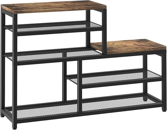 Shoe Rack Bench Shoe Storage Organizer with Seat, 5-Tier Industrial Free Standing Shoe Rack for Entryway, Narrow Shoe Rack Organizer Shelves for High Heels, Entryways, Hallways, Closets,Brown-NeatNest