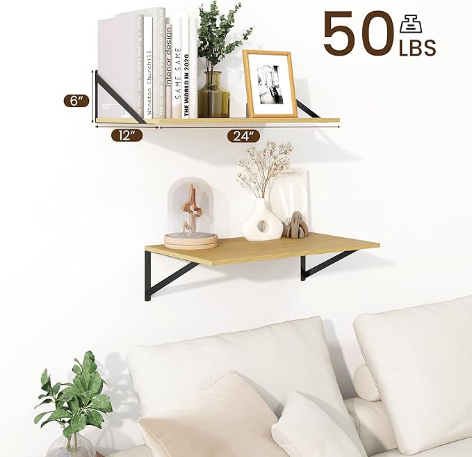 Fun Memories Floating Shelves for Wall, 12 Inch Deep Floating Shelves Set of 2, 24W x 12D Large Wall Shelf with Sturdy Metal Brackets for Living Room, Bathroom, Bedroom and Kitchen, Oak-NeatNest