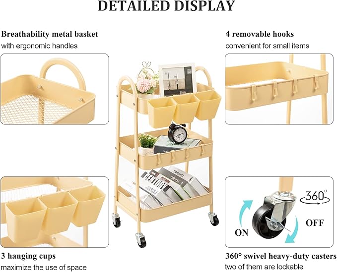 danpinera 3-Tier Rolling Cart, Metal Rolling Storage Cart with Lockable Wheels & Hanging Cups & Hooks, Mobile Trolley for Kitchen, Bathroom, Office, Workshop, Yellow-NeatNest