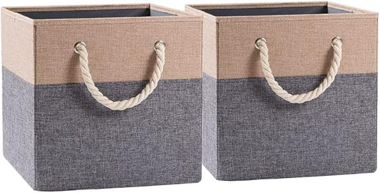 PRANDOM Large Foldable Cube Storage Bins 11x11 inch [2-Pack] Fabric Linen Storage Baskets Cubes Drawer with Cotton Handles Organizer for Shelves Nursery Closet Bedroom Khaki-NeatNest