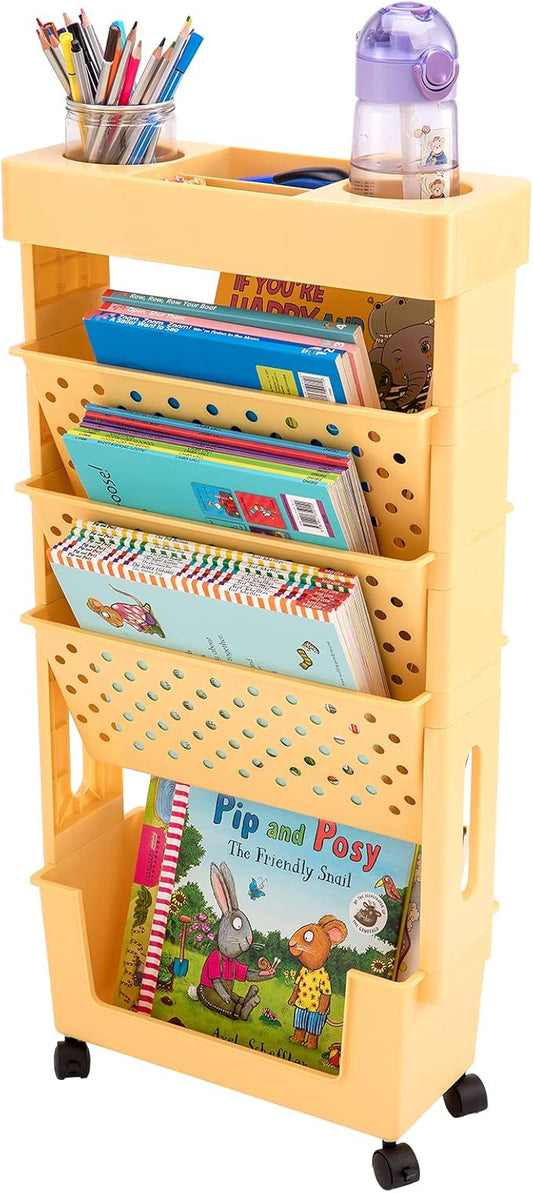 CINPIUK Yellow Rolling Office Paper Organizer, Mobile Book Cart Document Folder File Storage with Pen Holder, Slim Rolling Storage Cart Movable Bookshelf for Office, Dorm, Classroom, Nursery-NeatNest