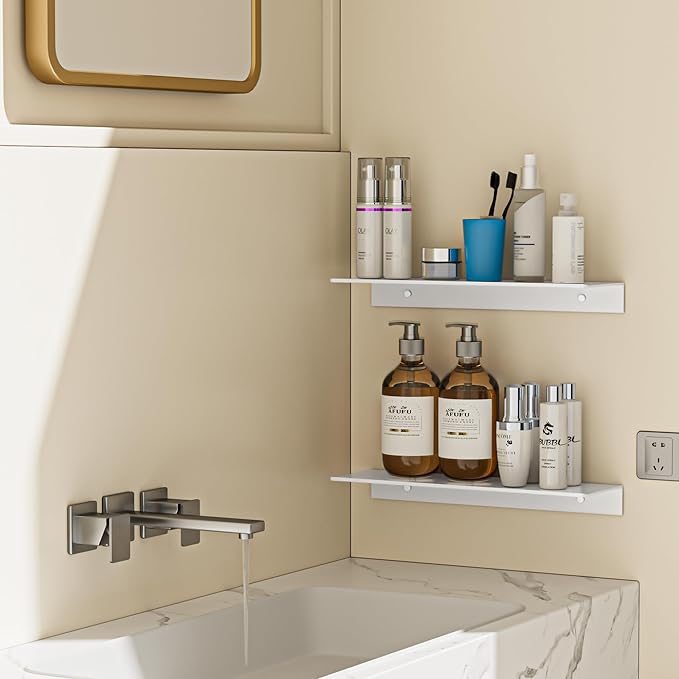 2-Piece White Metal Floating Shelves - Aluminum Alloy Wall Mounted Shelf No Drilling, Rust-Proof, 15.7" Width for Home Decor & Storage in Living Room, Bedroom, Bathroom-NeatNest