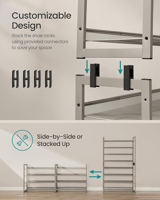 SONGMICS Shoe Rack, 8-Tier Shoe Organizer, Metal Rack for Garage, Set of 2, 4-Tier Stackable Shelf, with Adjustable Flat or Angled Shelves, 32-40 Pairs, Cappuccino Beige ULMR008L01-NeatNest