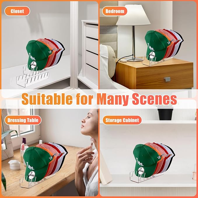 Hat Stand for Baseball Caps, 2 Pack No Install Acrylic Hat Organizer for 14 Baseball Caps Storage Organizer, Hat Racks Hat Holder Display and Organization for Closet, Bedroom, Dresser (Clear-2Pack)-NeatNest