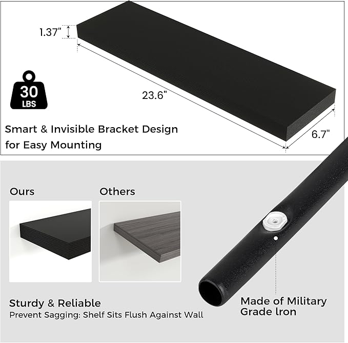 Floating Shelves for Wall, 24"W x 6.7"D x 1.4"H, 2 Pack of Long Wall Mounted Engineered Wood Shelves with Invisible Brackets for Living Room, Bedroom, Bathroom, Kitchen Decor and Storage, Black-NeatNest