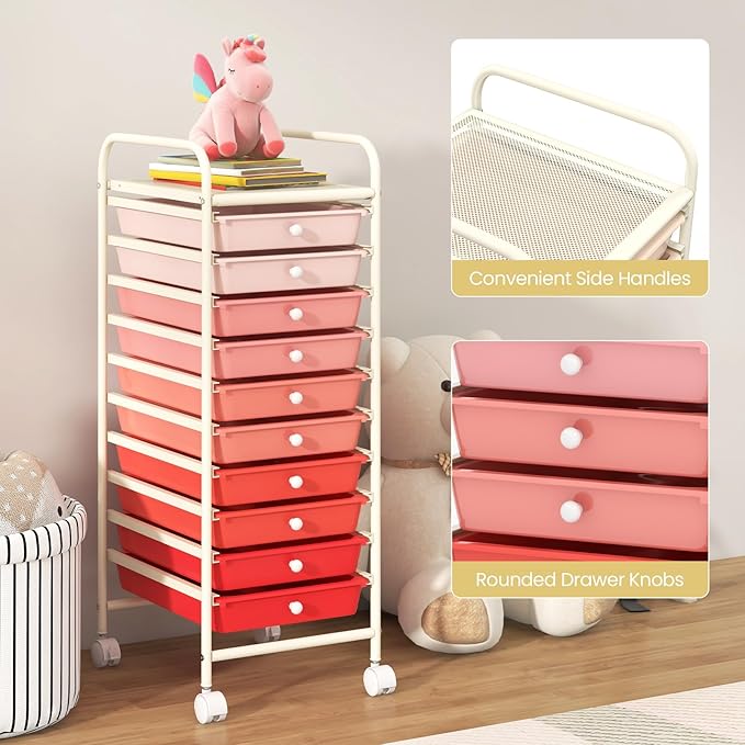 COSTWAY 10-Drawer Rolling Storage Cart, Utility Mobile Trolley with Removable Drawers & Universal Casters & 2 Brakes, Versatile Flexible Drawer Organizer Cart for Home, Office, Mixed Pink-NeatNest