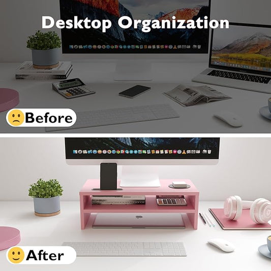 BONTEC Wooden Monitor Stand Riser, 2-Tier Desk Shelf with Storage Organizer, Ergonomic Computer Stand with Cable Management, Cellphone Holder, Pink, 16.5 Inch-NeatNest