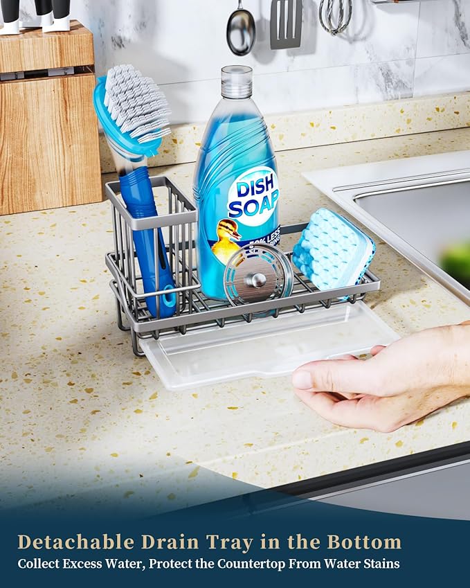 Consumest Sponge Holder for Kitchen Sink, Sink Caddy Organizer with Removable Drip Tray, Countertop Dish Soap Holder and Brush Holder, 304 Stainless Steel - Sand Nickel-NeatNest