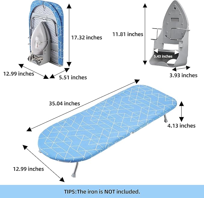 Foldable Ironing Board, 13"x35" Folding Tabletop Small Ironing Board with Iron Holder and Wall Mount Space-Saving, Blue