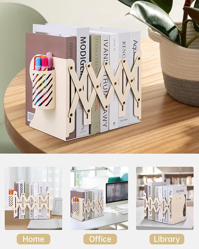Honagu Adjustable Bookends, Metal Book Ends for Shelves Heavy Book, Desk Magazine File Organizer for Home, Office, Books, Papers, Extends up to 19 inches with Pen Holder (Beige)