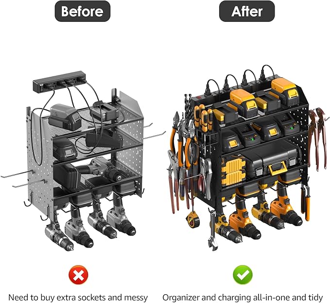 CCCEI Modular Pegboard Rack Power Tool Organizer with Charging Station. 4 Layer Wall Mount Drill Holder, Tool Battery Charger Organizer. Garage Shop Storage Utility Shelf with 10FT Power Strip.-NeatNest