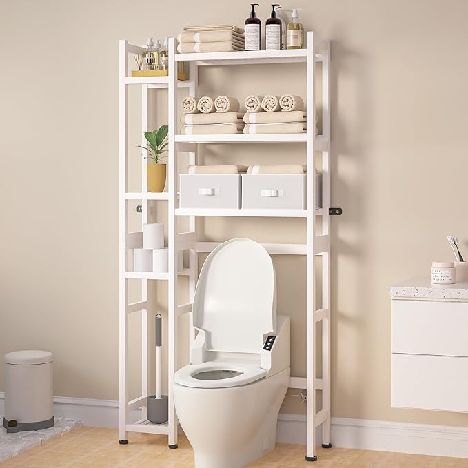Homde Over The Toilet Storage with Basket and Drawer, Bamboo Bathroom Organizer with Adjustable Shelf & Waterproof Feet Pad, Space Saver Rack for Restroom, Laundry,White-NeatNest