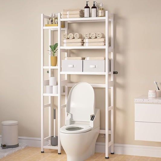 Homde Over The Toilet Storage with Basket and Drawer, Bamboo Bathroom Organizer with Adjustable Shelf & Waterproof Feet Pad, Space Saver Rack for Restroom, Laundry,White-NeatNest
