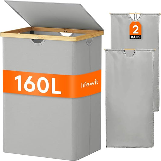 Lifewit 160L Double Laundry Hamper with Lid, Extra Large Bamboo Laundry Basket Dirty Clothes Hamper, 2 Section Laundry Bin Organizer for Laundry Room Bedroom with 2 Removable Liners & Bags,Silver Grey-NeatNest