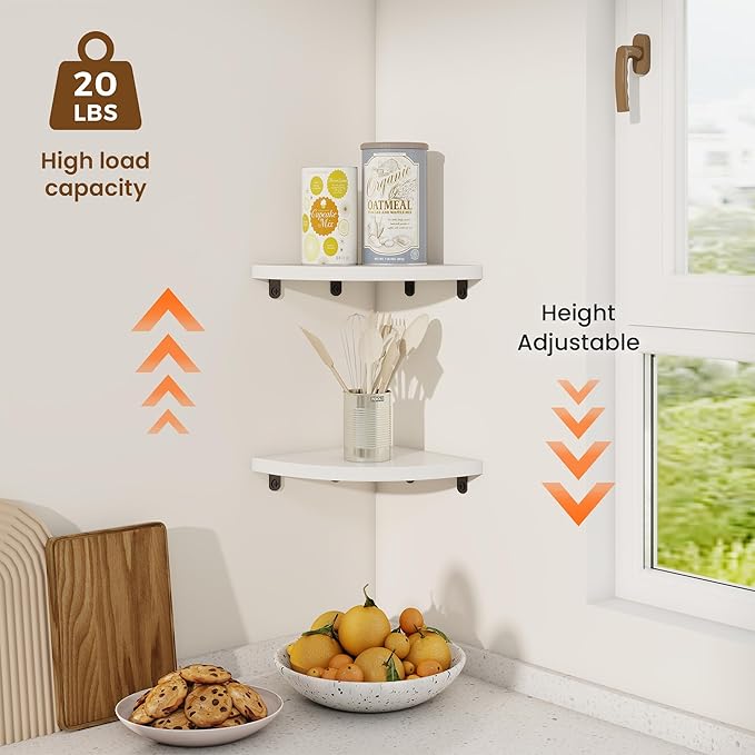 Fun Memories Corner Shelf Wall Mount, Solid Oak Wood Floating Corner Shelves with Cable Hole, 7in Rustic Design for Bedroom, Bathroom, Kitchen, Living Room (White, 1 Pack)-NeatNest